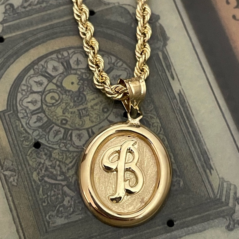 14kt solid gold initial B signet wax seal cursive design pendant for necklace